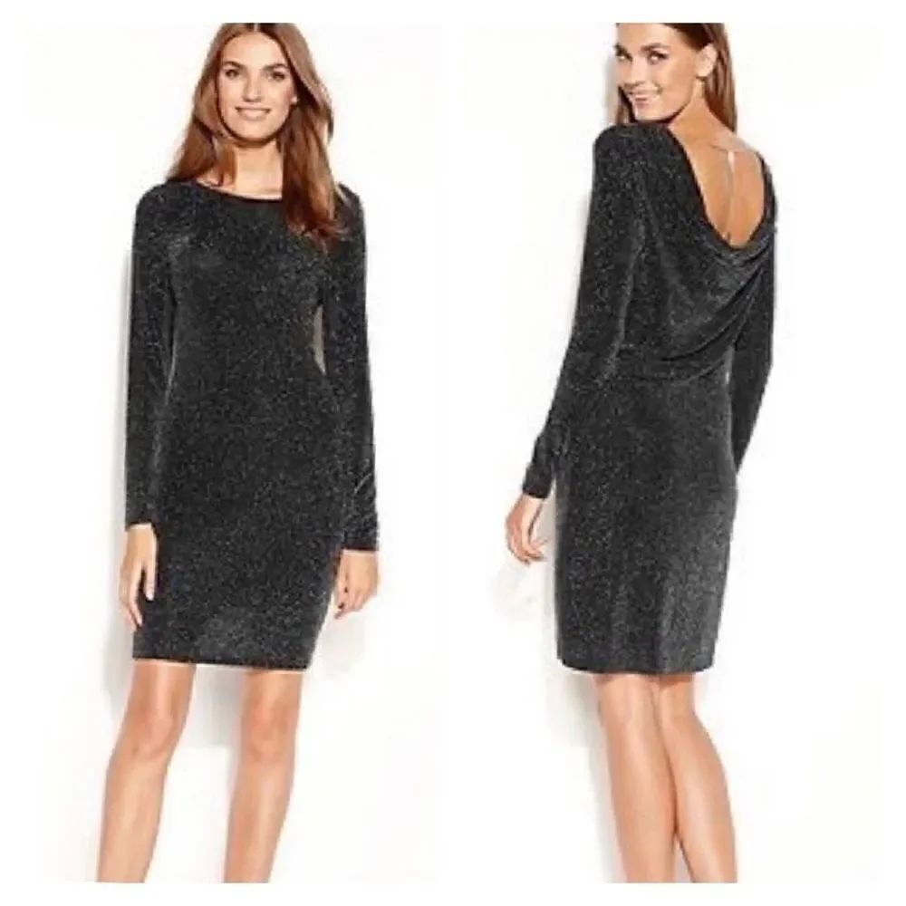Michael Kors Women's Long Sleeve Cowl-Back Metallic Black Gray Dress Size XS NWT